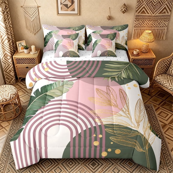 Castle Fairy Boho Tropical Leaf Twin Bedding Sets 7-Piece for Kids, Geometric Print Bedding Comforter Set for Bedroom, Green Pink
