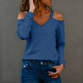 thumbnail image 6 of VISALY Women's Casual Cold Shoulder Blouse V Neck Long Sleeve Shirts Tunic Tops Loose Basic Tees Trendy T-Shirts Slim Fitted Blouses Comfortable Soft Shirts Layering Tee Going Out Tops Blue Xxl, 6 of 9
