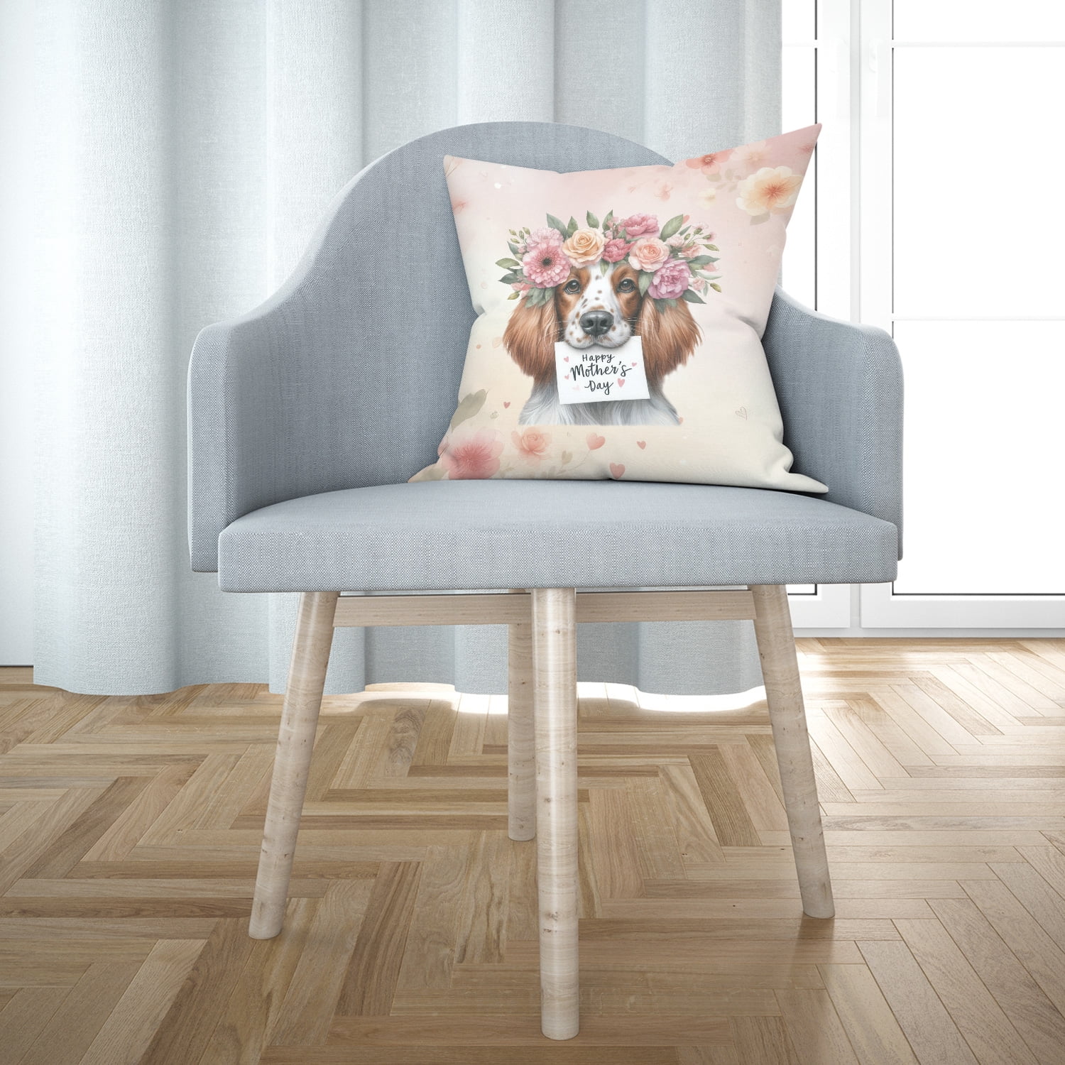 Happy Mother's Day English Setter with Flower Crown and Greeting Card Pillow Cushion Double Sided Dog Lover Throw Pillow - 13004