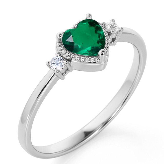 JeenMata Anillo de Compromiso de 3 Piedras con Esmeralda Verde Creada en Forma de Corazón de 1,75 Uds, Piedra Natal de Mayo, Oro Blanco de 18 K sobre Plata