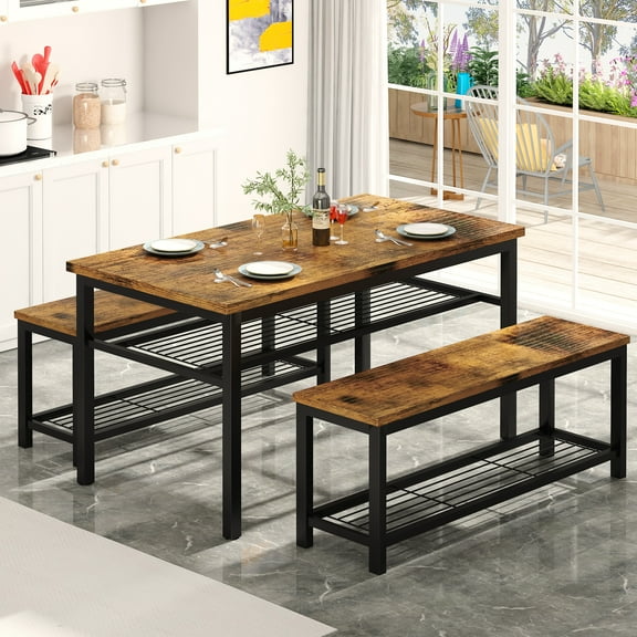 MIERES 43.3" Dining Table Set for 4, Kitchen Dining Table with 2 Benches, Dining Room Table Set with Metal Frame & Storage Rack for Kitchen, Restaurant, Brown