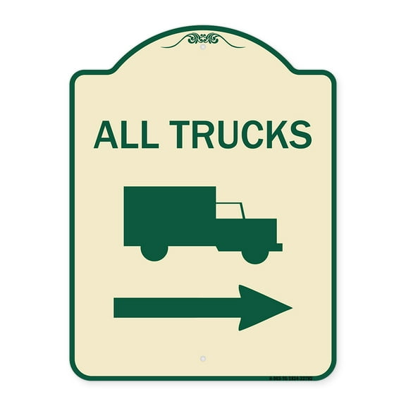 SignMission Designer Series Sign - Trucks Sign All Trucks (With Truck Symbol & Right Arrow) | Tan & Green 18" x 24" Heavy-Gauge Aluminum Architectural Sign | Made in the USA