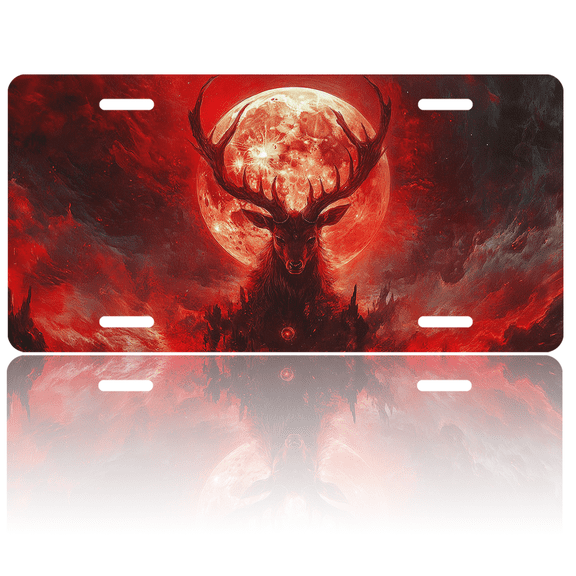 1 Pcs 2D Flat License Plate Covers & Frames, Deer under the Red Moon For Decorative Front, Waterproof For Decoration Aluminum License Plate Covers & Frames Cover For Men Women, 12" X 6"