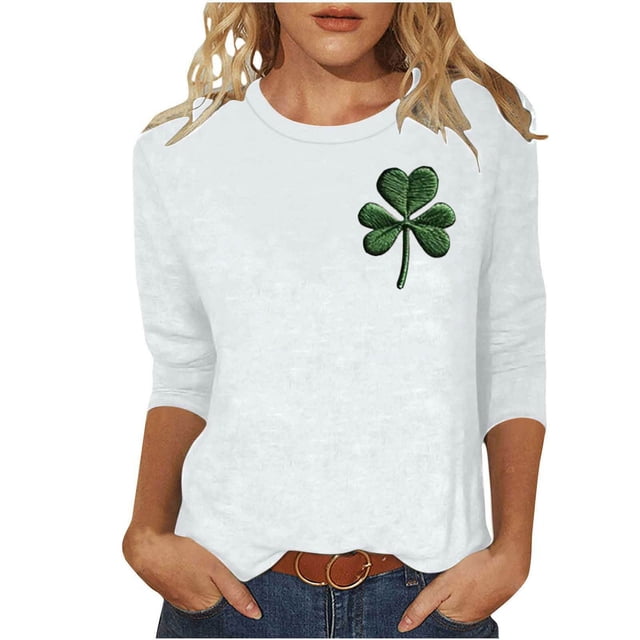 FAIWAD Hauts Grande Taille pour Femmes St. Patrick's Manches 3/4 Col Rond Trèfle Graphique Pull Ample Vêtements de Festival Quotidien