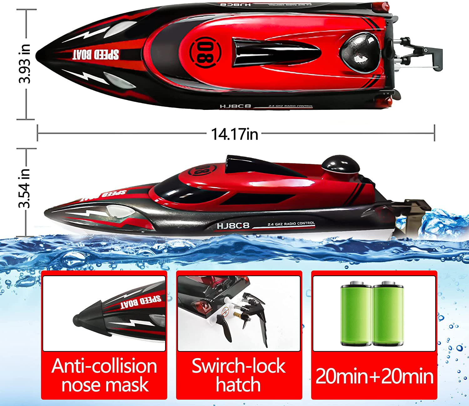 4 Channel 2.4GHz Radio Control Speedboat Low Battery Alarm Capsize Recovery with 2 Rechargeable Boat Batteries Remote Control Boat 808 Blue 20 MPH Fast RC Boat for Kids and Adults with 4 Lamps 