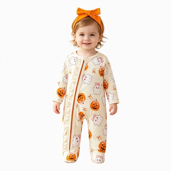 KPOPLK Baby Girl Halloween Footed Romper 3 6 9 12 18 Months Ghost Pumpkin Print Zipper Jumpsuit with Bow Headband, Infant Fall Sleeper Beige,Size NB