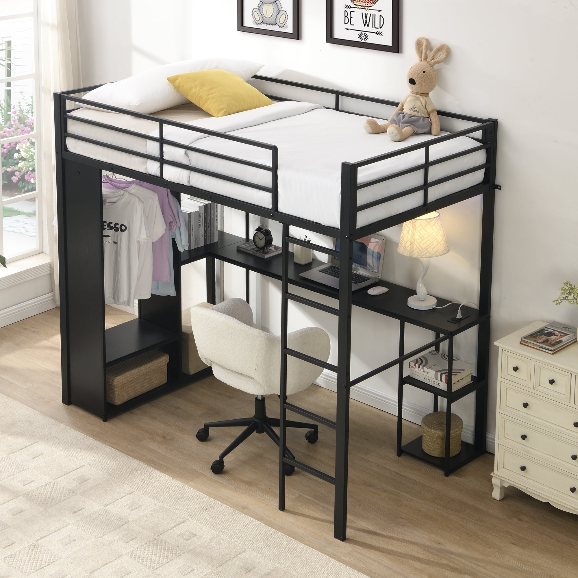 Leumius Twin Metal Loft Bed with Length Desk & Open Storage Cabinet, Multi-function Space Maximizing High Loft Bed for College Dorm Youth Room Apartment Guest