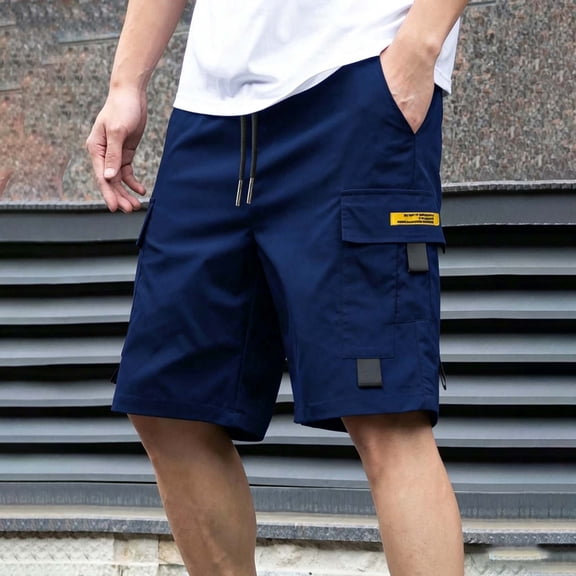 Men's Fashion Casual Cargo Shorts, Elastic Drawstring Waist with Multi-Pockets and Contrast Label Detail, Camping & Travel Shorts for Men Dark Blue S