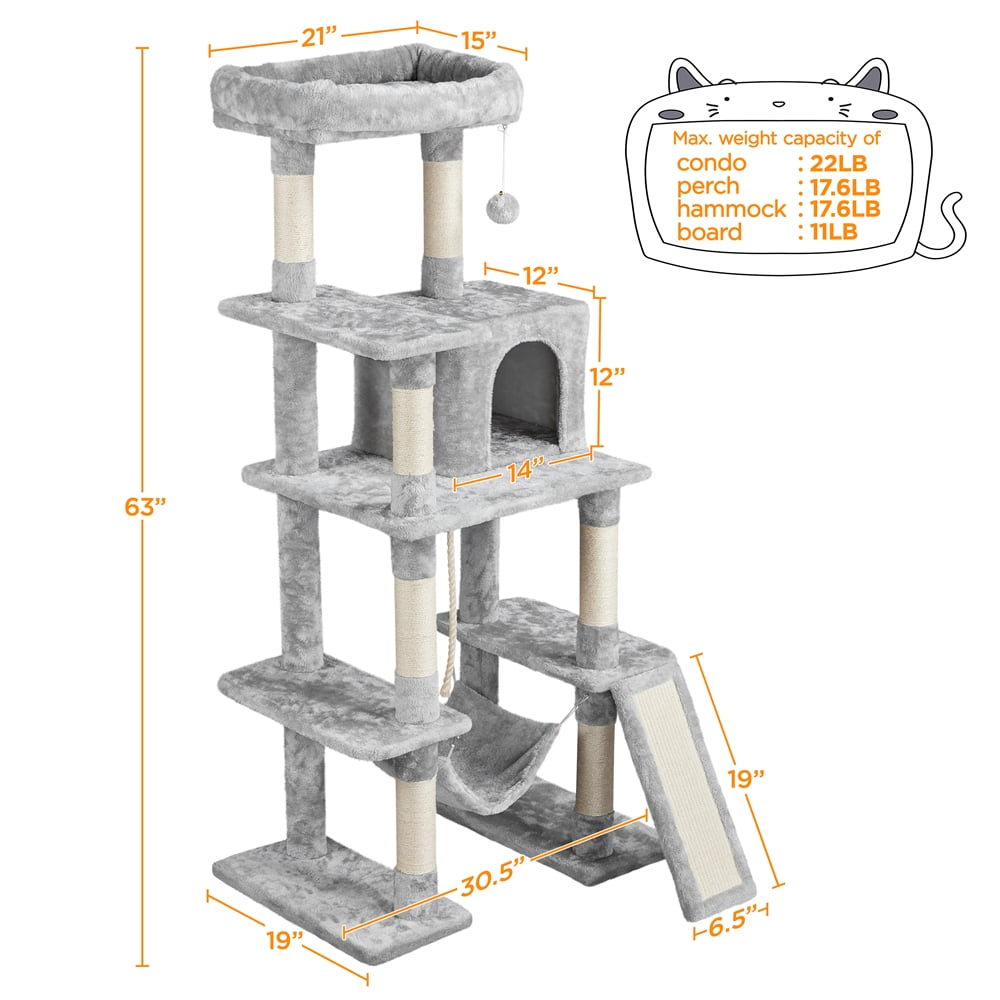 Alden Design 63" H Cat Tree Tower with Hammock and Scratching Posts, Light Gray