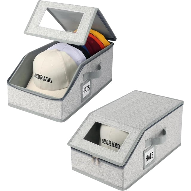2 Pcs Porta Gorras, organizador de gorras de béisbol, Caja para guardar sombreros, capacidad para 24 gorras, expositor de sombreros apilable, organizador multicapa (Gris 2 pieza)
