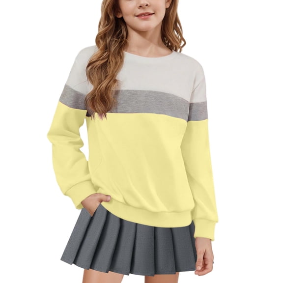 BFHHYA Girls' (1-15Y) Colorblock Crew Neck Sweatshirt Light Fleece Long-Sleeve Basic Pullover for Daily Play & Family Trips