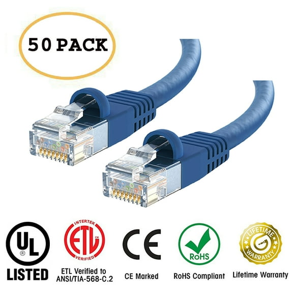 Huetron™ 50-Pack Cat 6 Ethernet Cable Cat6 Snagless Patch 1 Feet - Computer LAN Network Cord, BLUE
