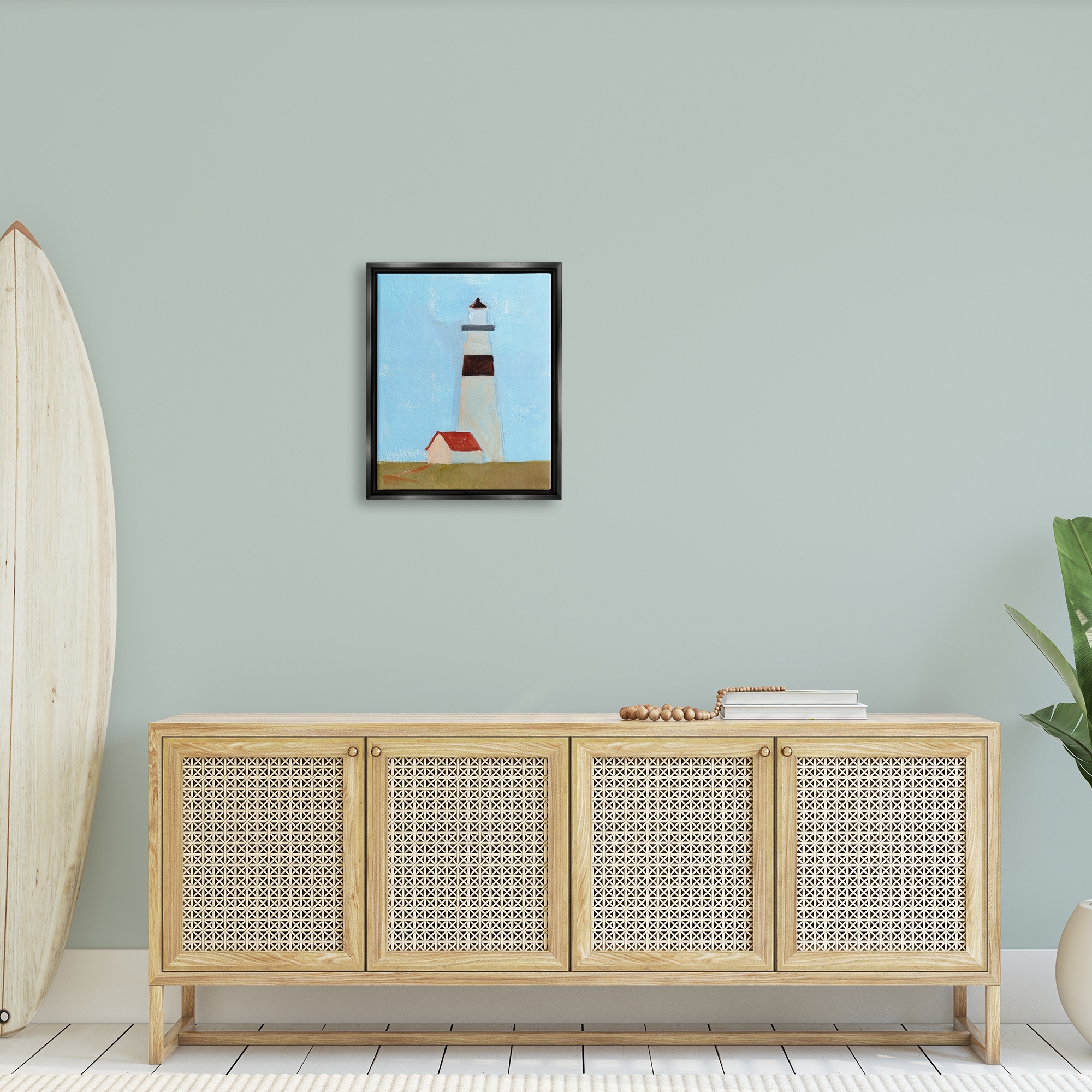 Stupell Industries Lighthouse Daytime Blue Sky Rural Grass Scene Painting Jet Black Floating Framed Canvas Print Wall Art, Design by Jacob Green