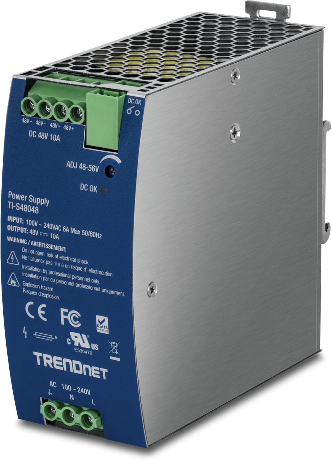 TRENDnet TI-S48048 480W, 48 – 56V DC, 10A AC to DC DIN-Rail Power Supply with PFC Function