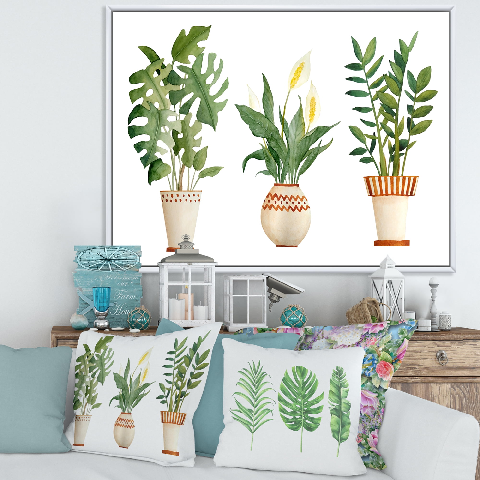 Designart 'Houseplant Peace Lily In Terra Cotta and Monstera' Farmhouse Framed Canvas Wall Art Print