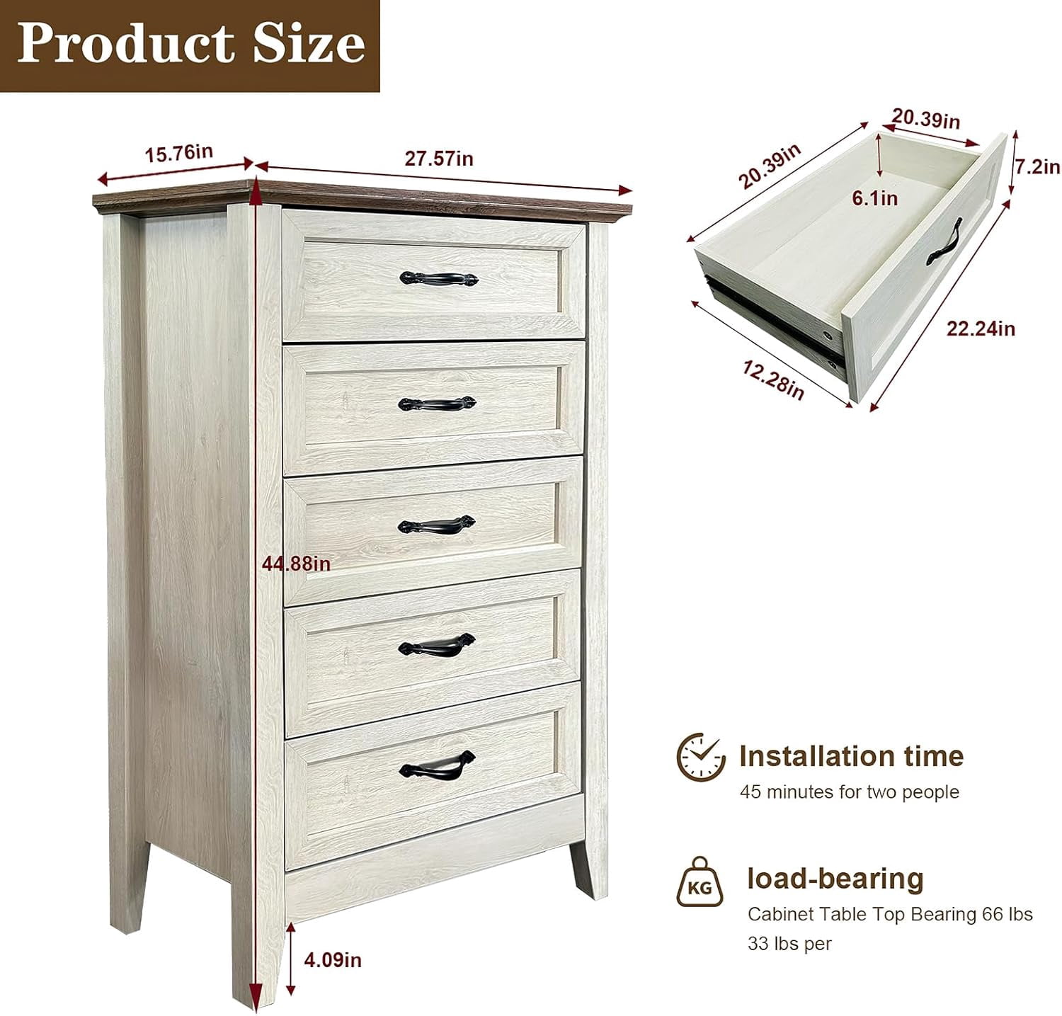 Garvee Farmhouse 5 Drawer Dresser Chest, Wood Tall Dressers for Bedroom Storage Organizer, Vintage Style for Living Room, Kids, Nursery, Hallway Closet