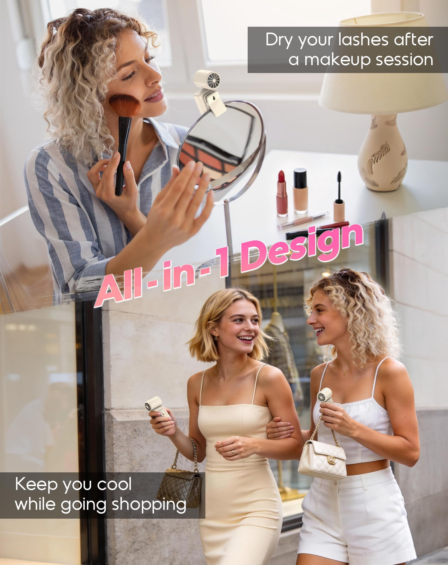 Portable Clip-On Mini Fan, Hands-Free, Turbo Personal Handheld Fans Rechargeable w/4 Wind & LED Display, Pocket Size Summer Cooling Essentials for Travel/Eye Lash/Beach/Concert, Gifts for Women(Pink)