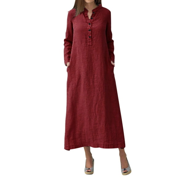 Casual Dresses for Women Winter Fall Long Sleeve Fashion Solid Color Round Button Up Midi Length Loose Dress