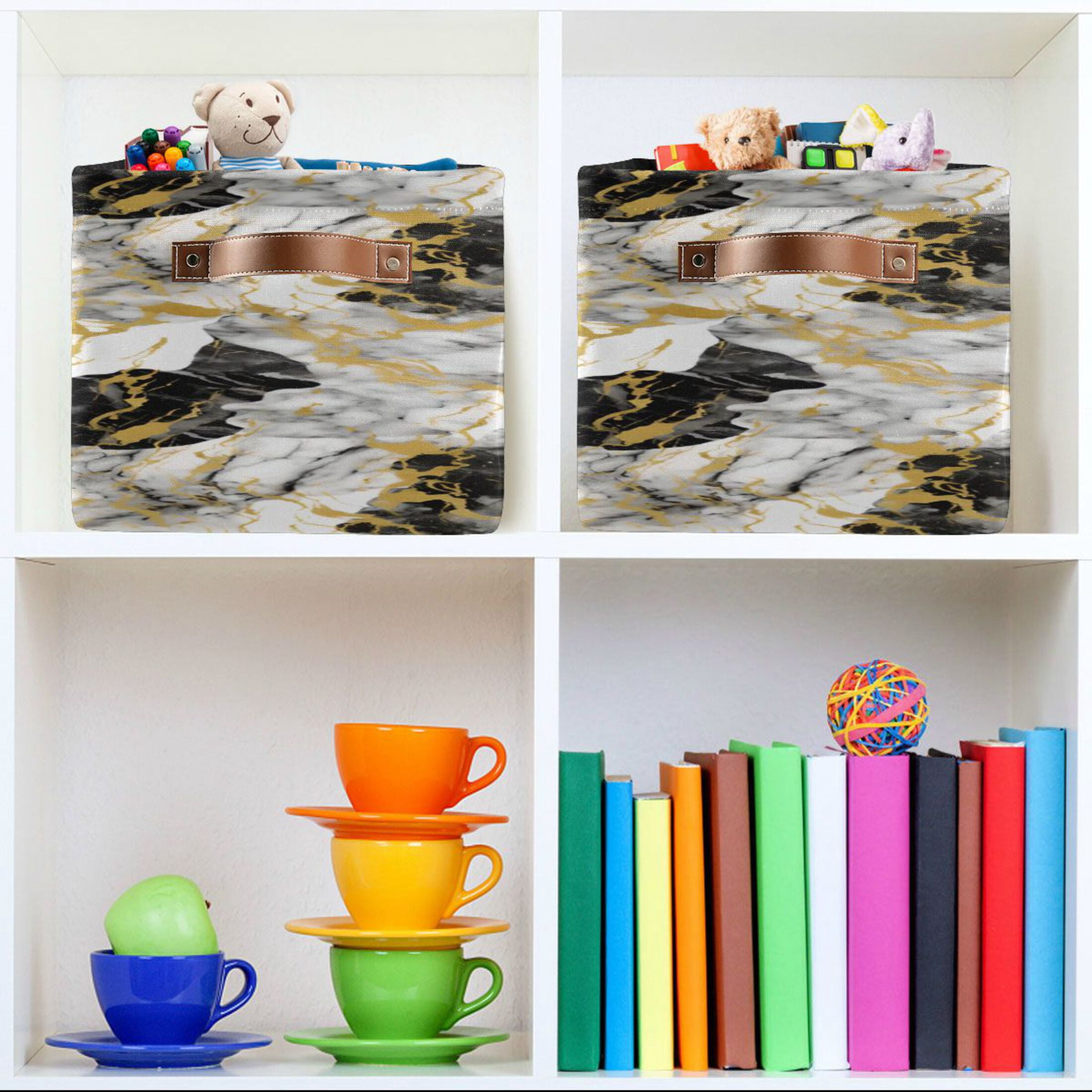 White Gray Black Gold Marble Storage Bins with Handle Fabric Organizer Basket Foldable Box 2 Pack 14.2x10.2x8.3