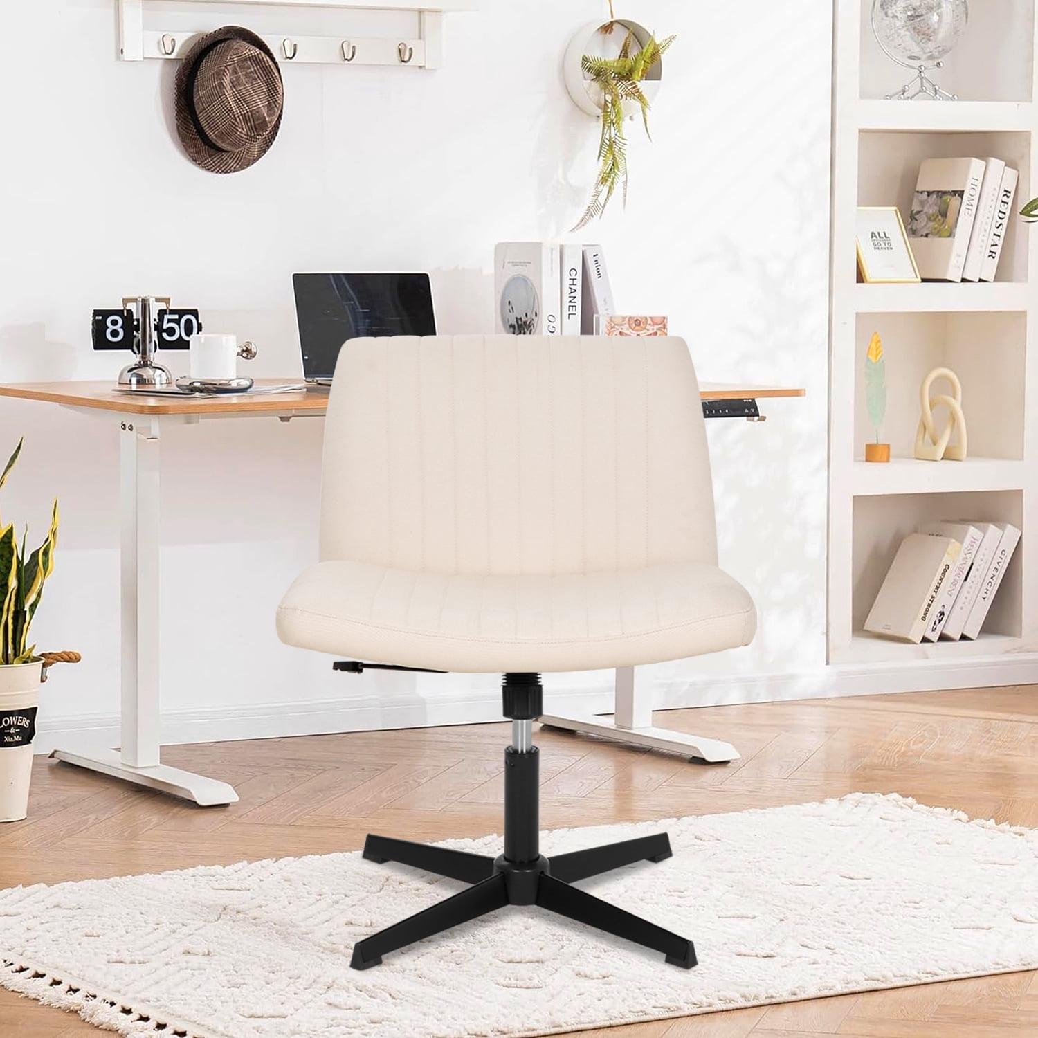 Vanity Chair Criss Cross Legged Chair Armless Office Desk Chairs Height Adjustable Computer Chair No Wheels Wide Seat Ergonomic for Bedroom Living Room, Beige