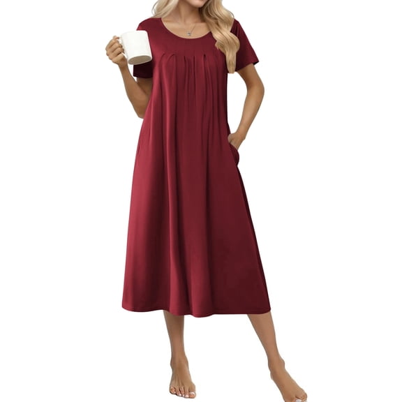 Ekouaer Cotton Nightgowns for Women with Pockets Midi Night Gowns for Sleeping Plus Size House Dress Lounge Dress