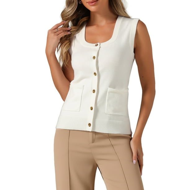 Chaleco sin mangas de cuello cuadrado para mujer INSPIRE CHIC, con botones, casual, talla XS, color blanco