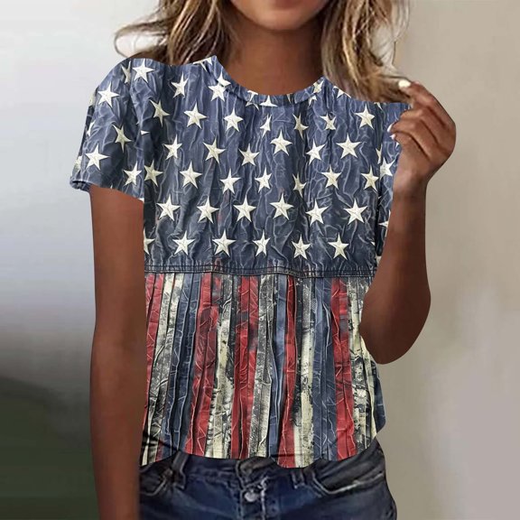 Goodtrade8 4th of July Shirts for Women Summer Graphic Pullover Red White and Blue Short Sleeve Plus Size , Independence Day Casual Red White and Blue Crew Neck Womens Tops Fashion
