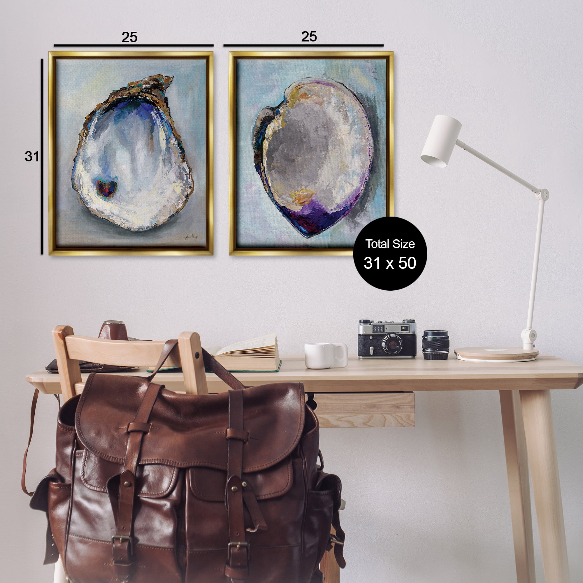 Stupell Industries Open Oyster Clam Shell Nautical & Beach Painting Gold Floater Framed Canvas Art Print Wall Art, 31 x 25, Set of 2