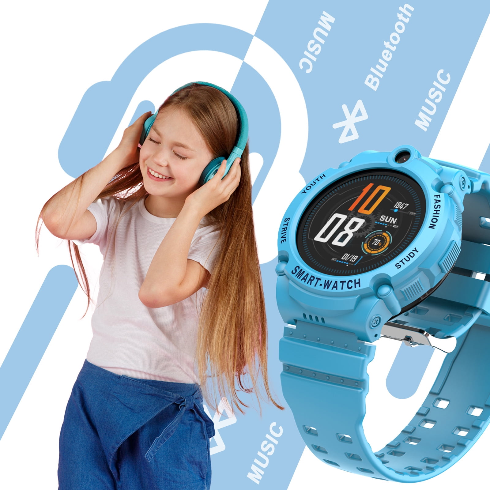 PTHTECHUS S02 Smart Watch for Boys Girls Smartwatch for Kids with 4G SIM GPS Video Call Pedometer MP3 Flashlights Calculator Alarm Clock Children Holiday Gift Blue