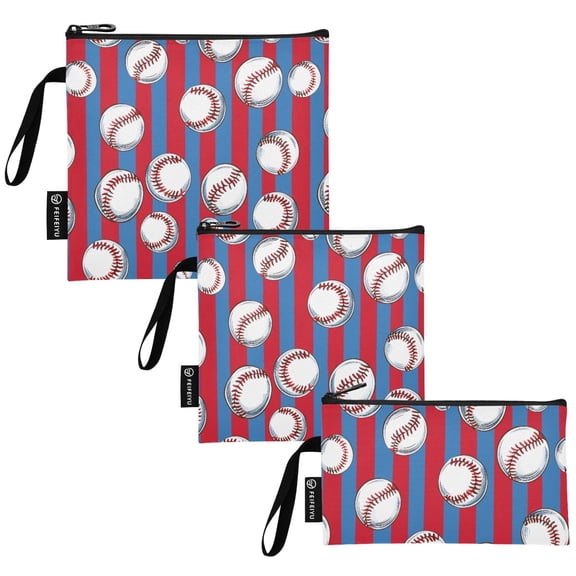 Ryvnso 3 Pack Reusable Snack Bags Sandwich Storage Pouches Washable Lunch Bag Baseball on Stripes