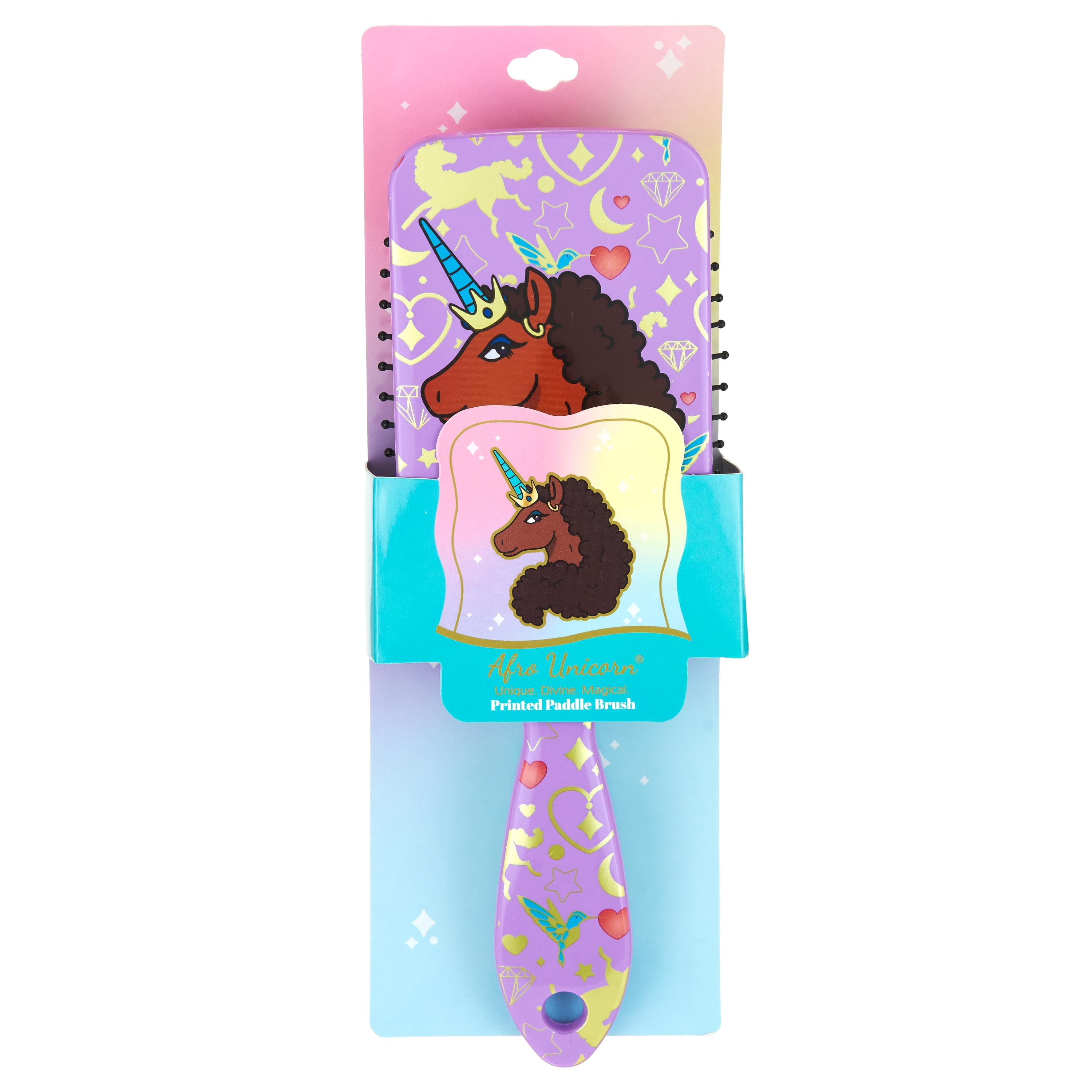 Afro Unicorn Printed Square Paddle Brush - 1 Large Paddle Hairbrush Purple, Nylon Detangling Bristle Brush