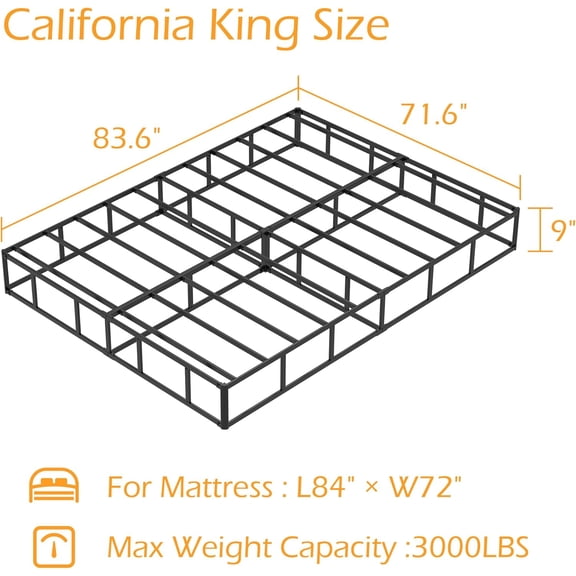 California King Box Spring 9 Inch, Heavy Duty Metal Box Spring Bed Base with Fabric Cover, Mattress Foundation, Easy Assembly, Noise Free, Black