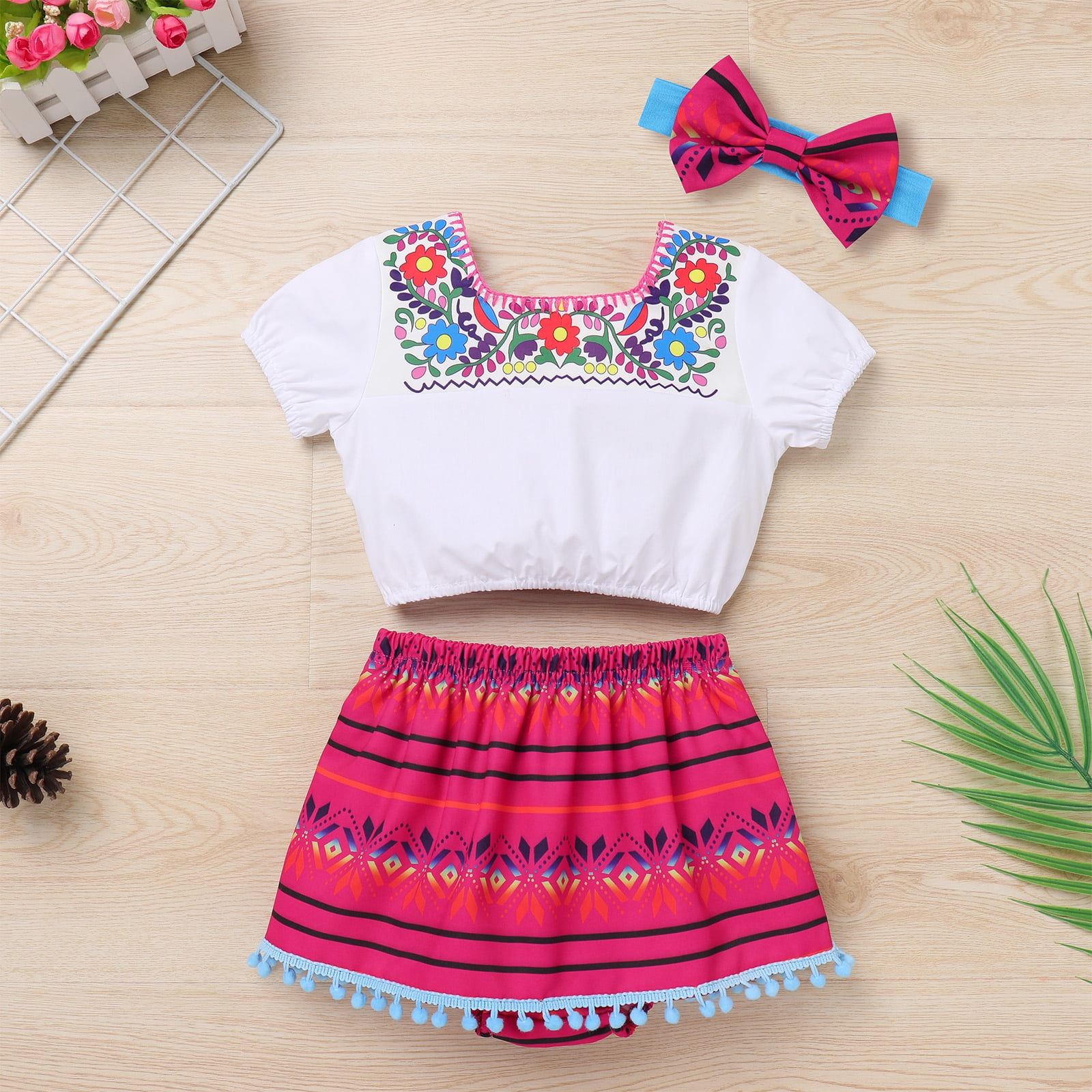 IDOPIP Toddler Baby Girls Mexican Outfit Fiesta Cinco de Mayo Outfit Print Top Skirt Bow Headband