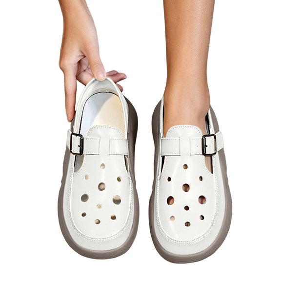 Abomasnow Womens PU Perforated Adjustable Metal Buckle Sole Slip‑On Clog Loafer Shoes Casual Lightweight Summer Beach Vacation Shoes