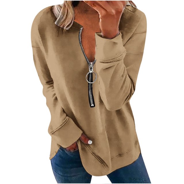 Yuyuzo Tunic Tops for Women Long Sleeve Pullover Round Neck Half Zipper Solid Color Fall Top Blouses
