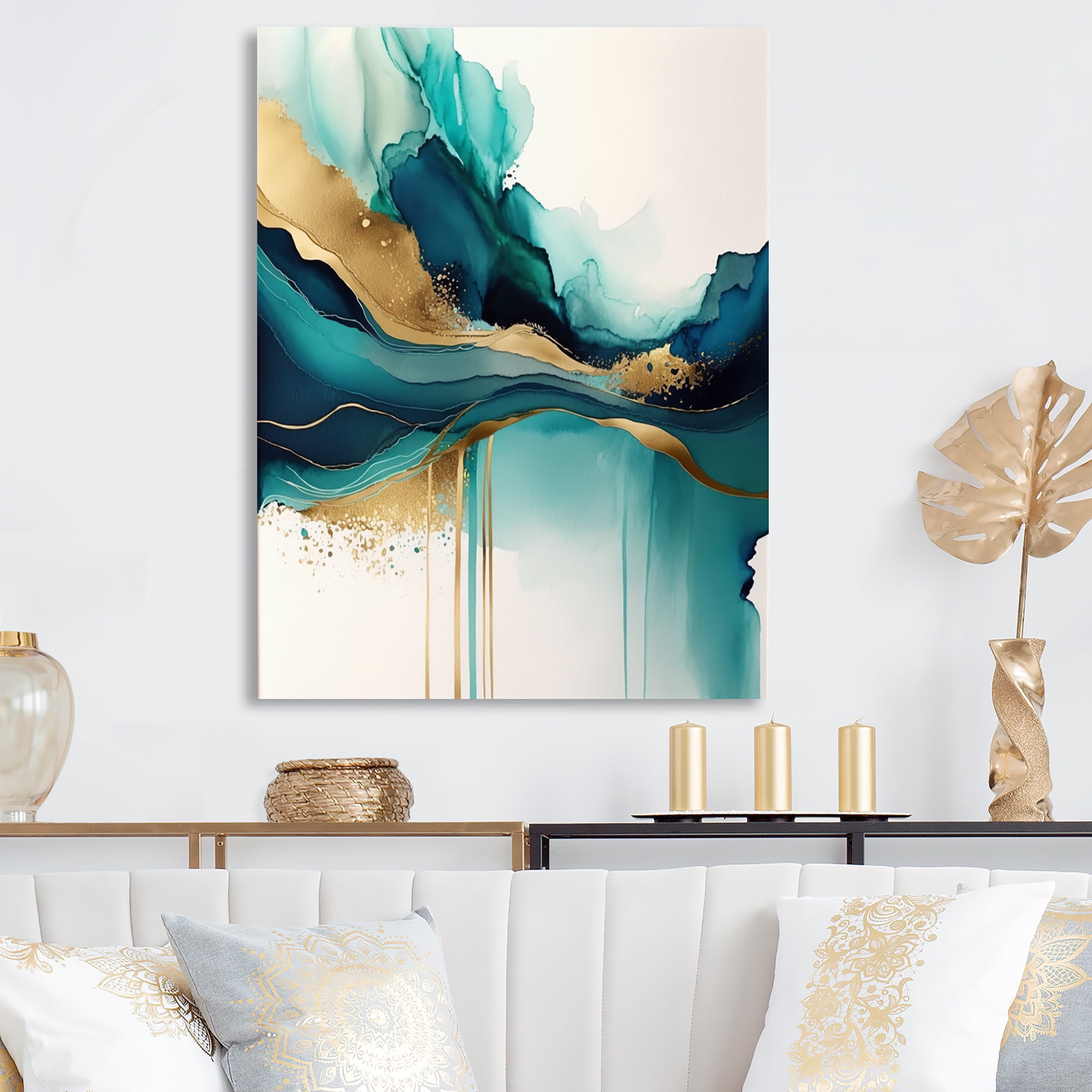 Designart Teal And Gold Abstract Expression II Canvas Wall Art