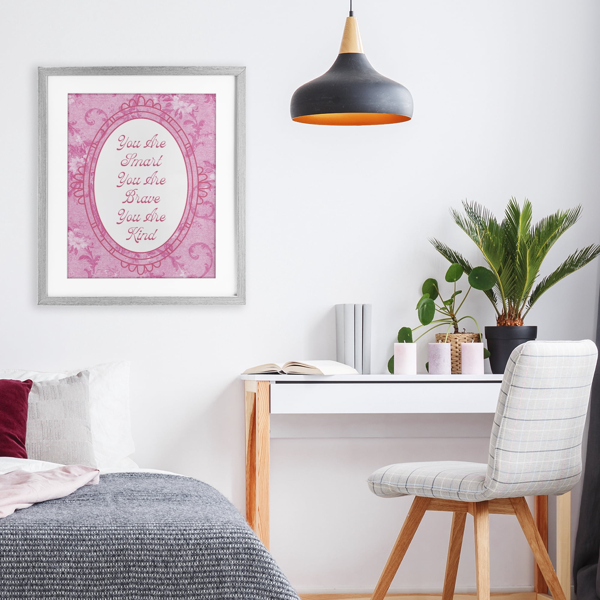 Stupell Industries Smart Brave & Kind Ornate Pink Gray Framed Print Under Glass, design by Lil' Rue