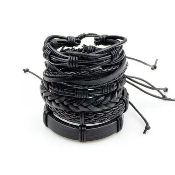 EOEMY 55 Styles Multilayer Leather Bracelets Set Men Braided Bangle Wristband Jewelry-18-6Pcs Black