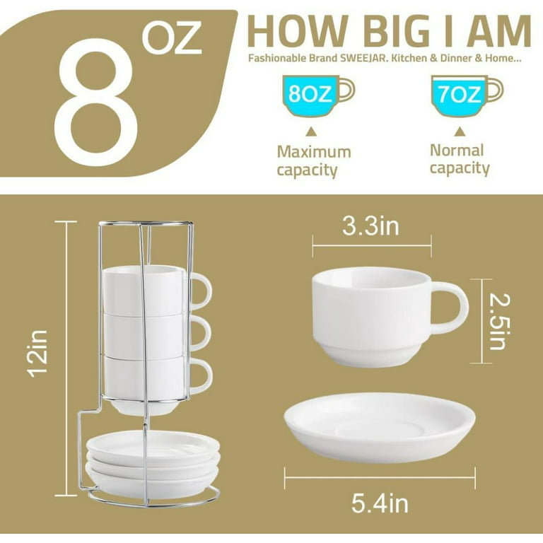 SWEEJAR Porcelain Espresso Cup & Saucer Set,Ceramic Stackable Demitasse  Coffee Cups with Metal Stand, 2.5 oz ,Set of 6,Black