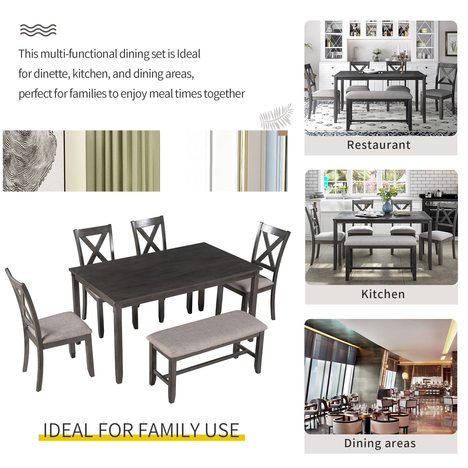 Kadyn 6-Piece Kitchen Dining Table Set Wooden Rectangular Dining Table, 4 Fabric Chairs and Bench Family Furniture (Grey)