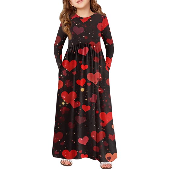 YOUYEDIAN Girls Maxi Dress Cute Flowy Long Sleeve Dress Teen Fall Crewneck Heart Graphic Princess Dress with Pockets (Black, 8-9 Years)