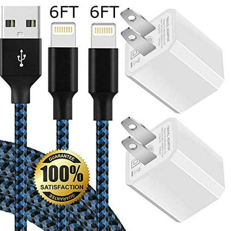 Mini Phone Plug - Chargers 5W USB Power Adapter Wall Charger 1A Cube for Plug Outlet w/ 6FT Nylon Braided Charging Pad Cable Cord Compatible wtih iPhone X Case/8/8 Plus/7/7 Plus/6/6s/5s,iPad Mini (2-Pack Blue)