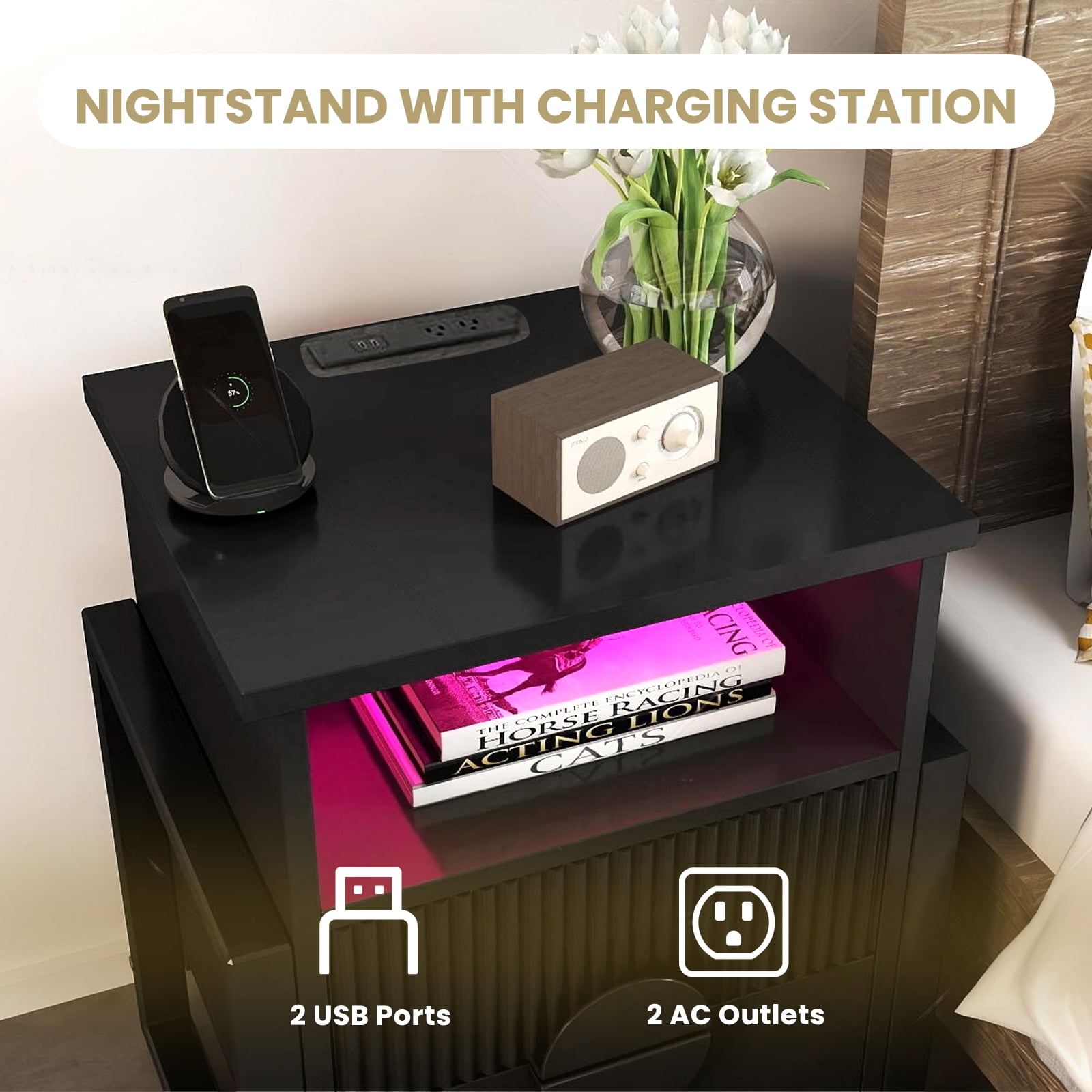 Holliwill Nightstand with Charging Station Set of 2, 2 Drawer Dresser for Bedroom with LED Light, Fluted Bedside Table End Table Side Table for Living Room, Black