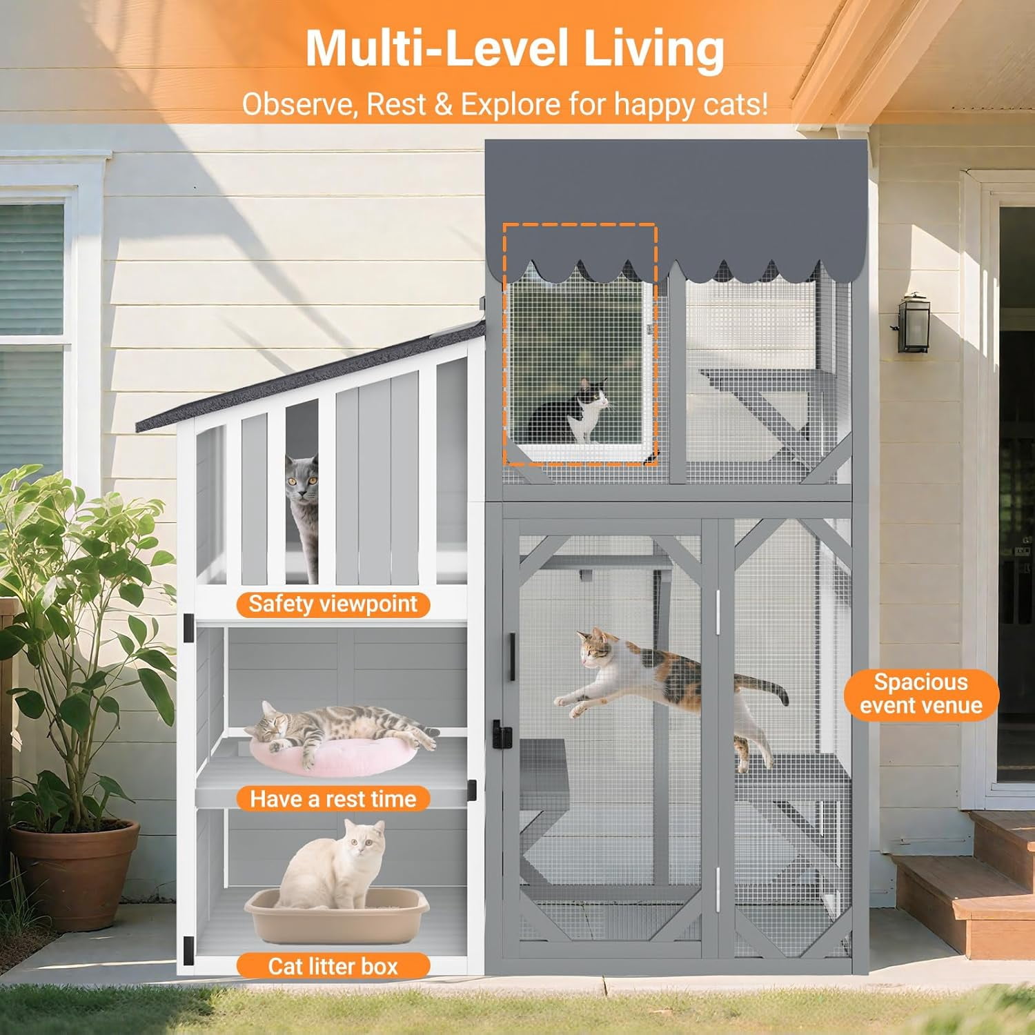 HomeSheek 3-Tier 69" H Outdoor Cat Enclosure, Weatherproof Roof, Window Access & Adjustable Two-Way Hole, Large Feral Shelter Indoor/Outdoor Use