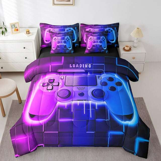 YST 7-Piece Blue Purple Gaming Comforter Set, Queen – Neon Lights Abstract Geometry Bedding Set