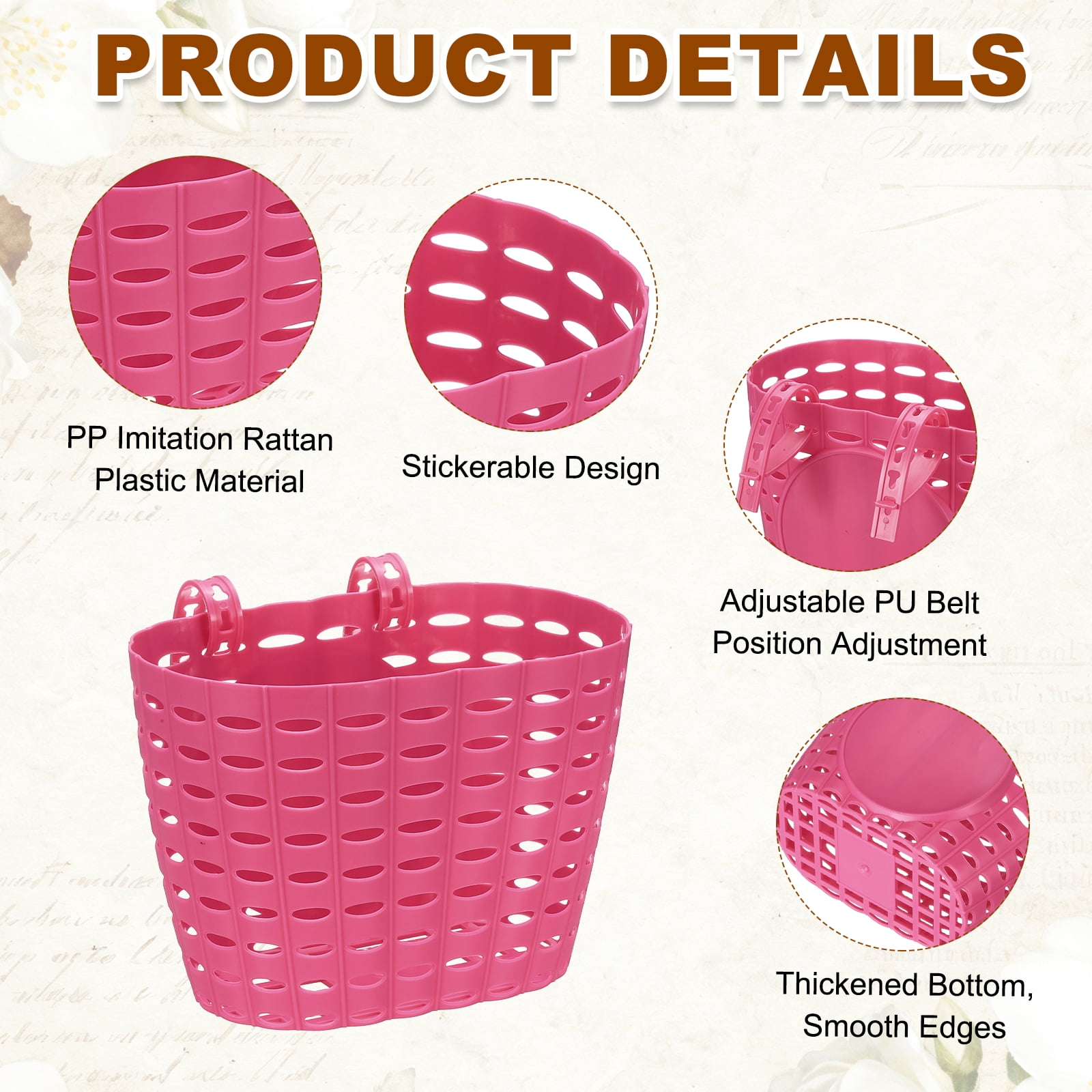 Uxcell Bike Basket, Plastic Bicycle Basket Adjustable Front Baskets with 2 Adjustment Buckles Unisex Strong Load 7.7 x 5.1 x 5.9" & Fuchsia-Fitting For(Most Bikes/Tricycle/Scooters)