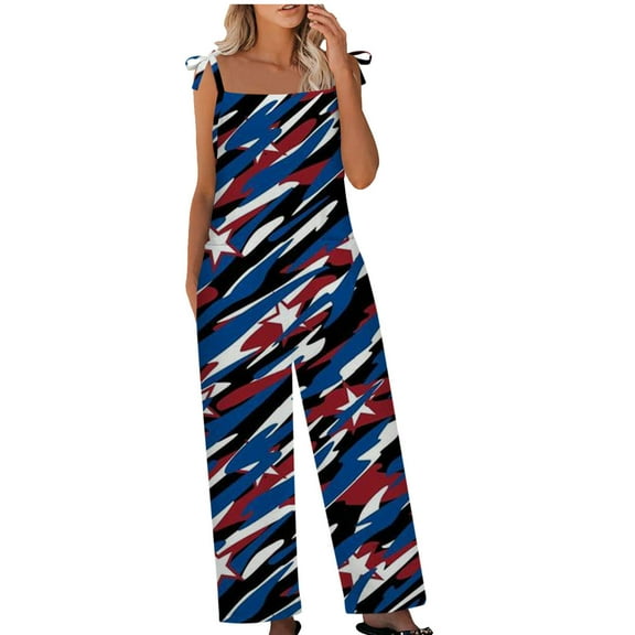 Dyegold Jumpsuits for Women Casual, Women Jumpsuits Dressy Independence Day USA Flag Loose Wide Leg Overalls Long Pants Sleeveless Square Neck Rompers