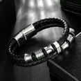 thumbnail image 3 of Jewmon Black Leather Bracelet for Men Silver Tone Beads Wrist Cuff Bangle Magnetic Clasp Gift for Dad, 3 of 7