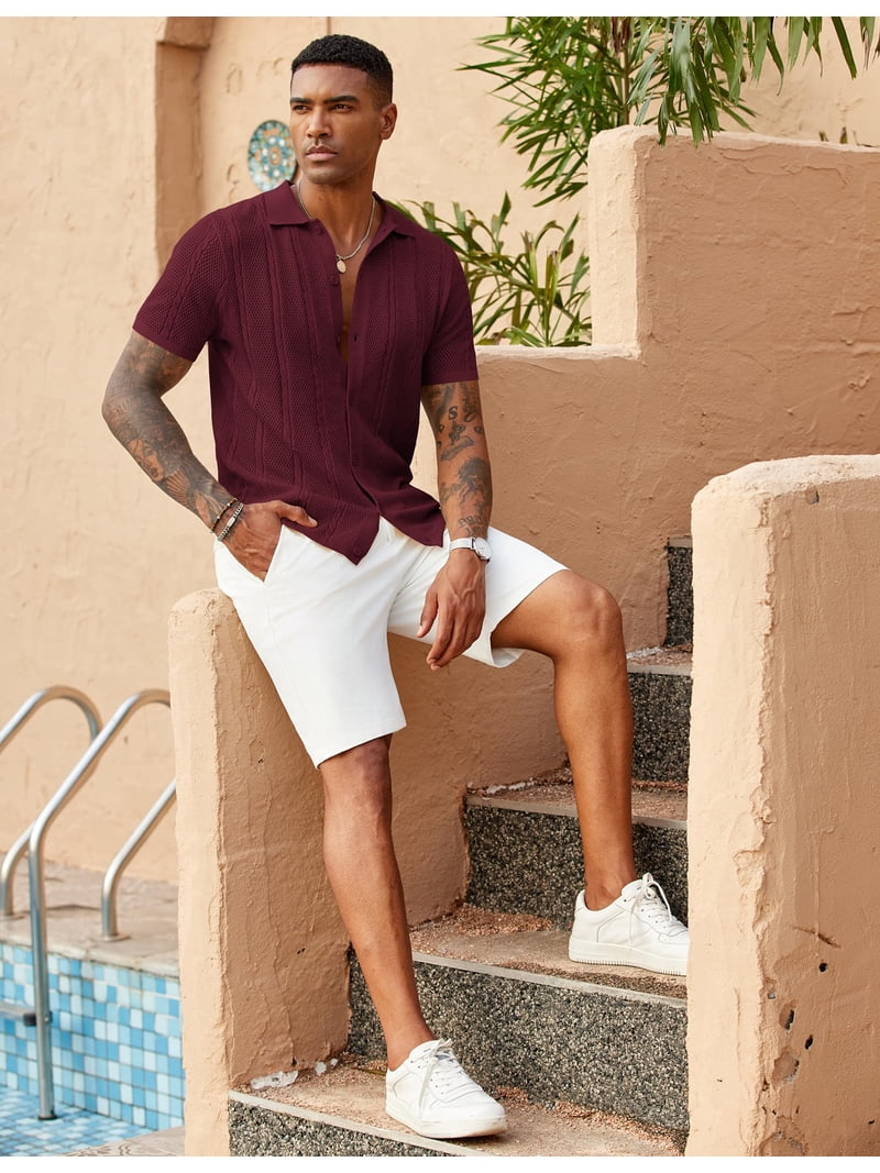 beach wedding dress shirts COOFANDY Mens Knitted Polo Shirt Summer Button Up Short Sleeve Casual Crochet Shirt Big and Tall Shirts Attire Size:42 / 16 ½ luxury girls gown Modest Long Two Piece Perfect for beach days