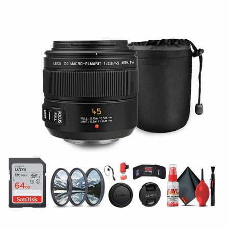 Panasonic Leica DG Macro-Elmarit 45mm f/2.8 Lens (H-ES045) Bundle Including: 64 GB Memory Card, 3-Piece Filter Kit, Lens Caps, Lens Pouch, Cap Keeper, Full Cleaning Kit, Card Reader, Card Wallet